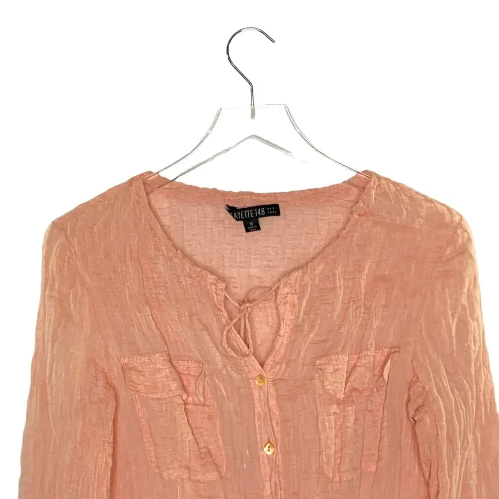 Lafayette 148 Size 10 Coral Peach Crinkle Button Front Shirt Tie Neck - Picture 4 of 8
